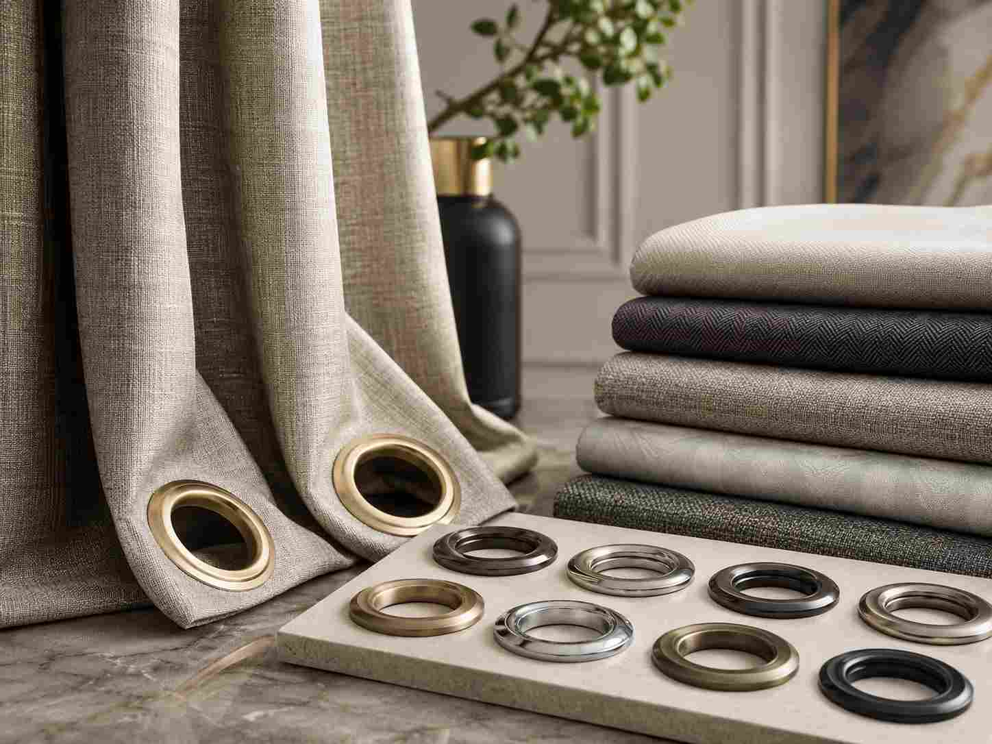 curtain grommet rings replacement, The curtain grommet rings replacement is shown beside beige curtain fabric in several metal finishes.